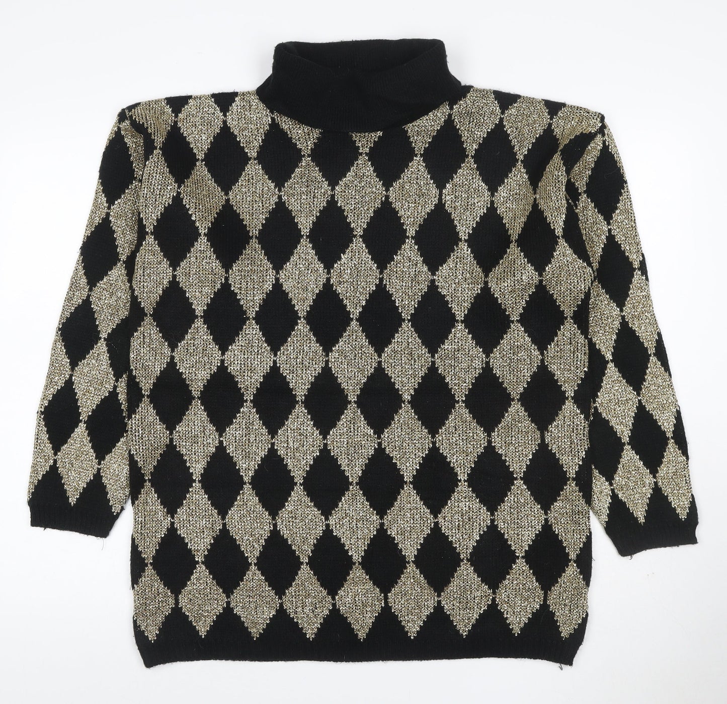 Silvercrest Women’s Black Gold Argyle Roll Neck Knit Jumper L