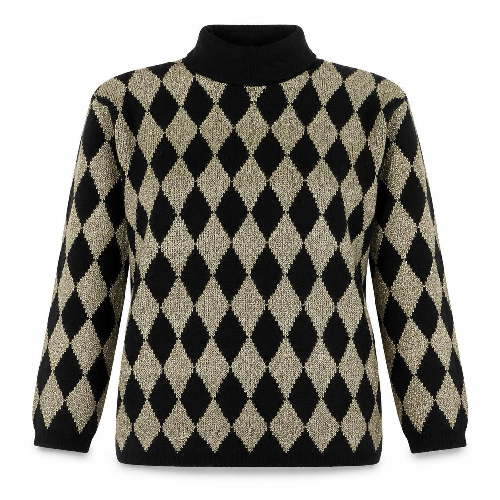 Silvercrest Women’s Black Gold Argyle Roll Neck Knit Jumper L