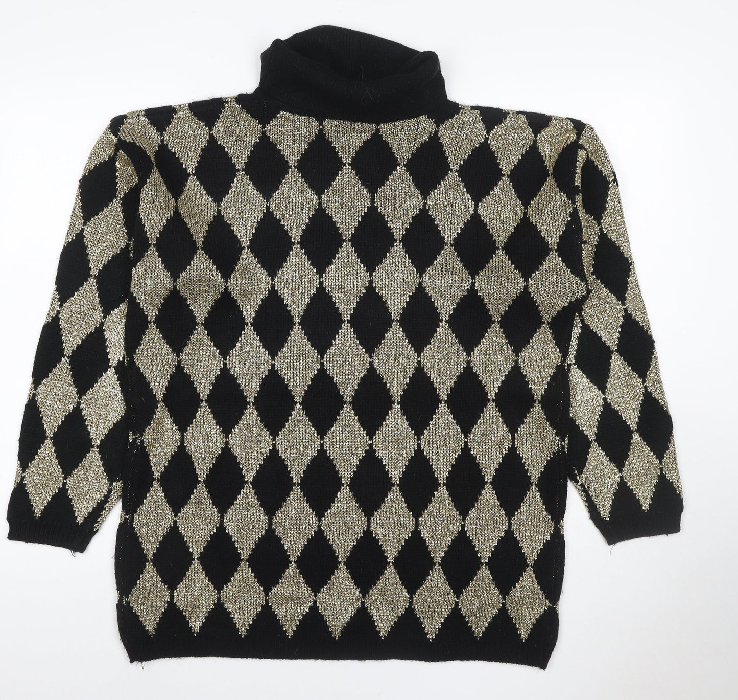 Silvercrest Women’s Black Gold Argyle Roll Neck Knit Jumper L