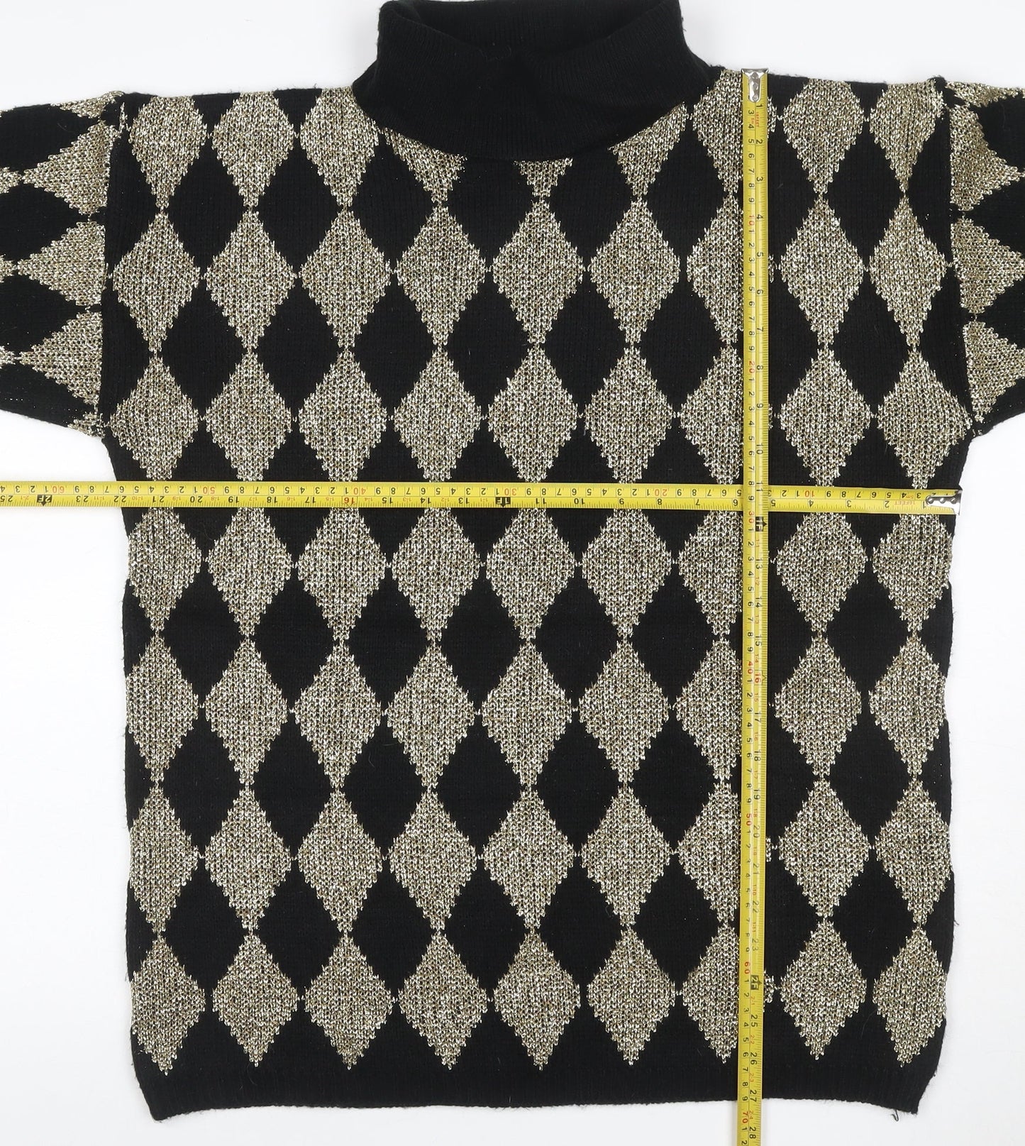 Silvercrest Women’s Black Gold Argyle Roll Neck Knit Jumper L