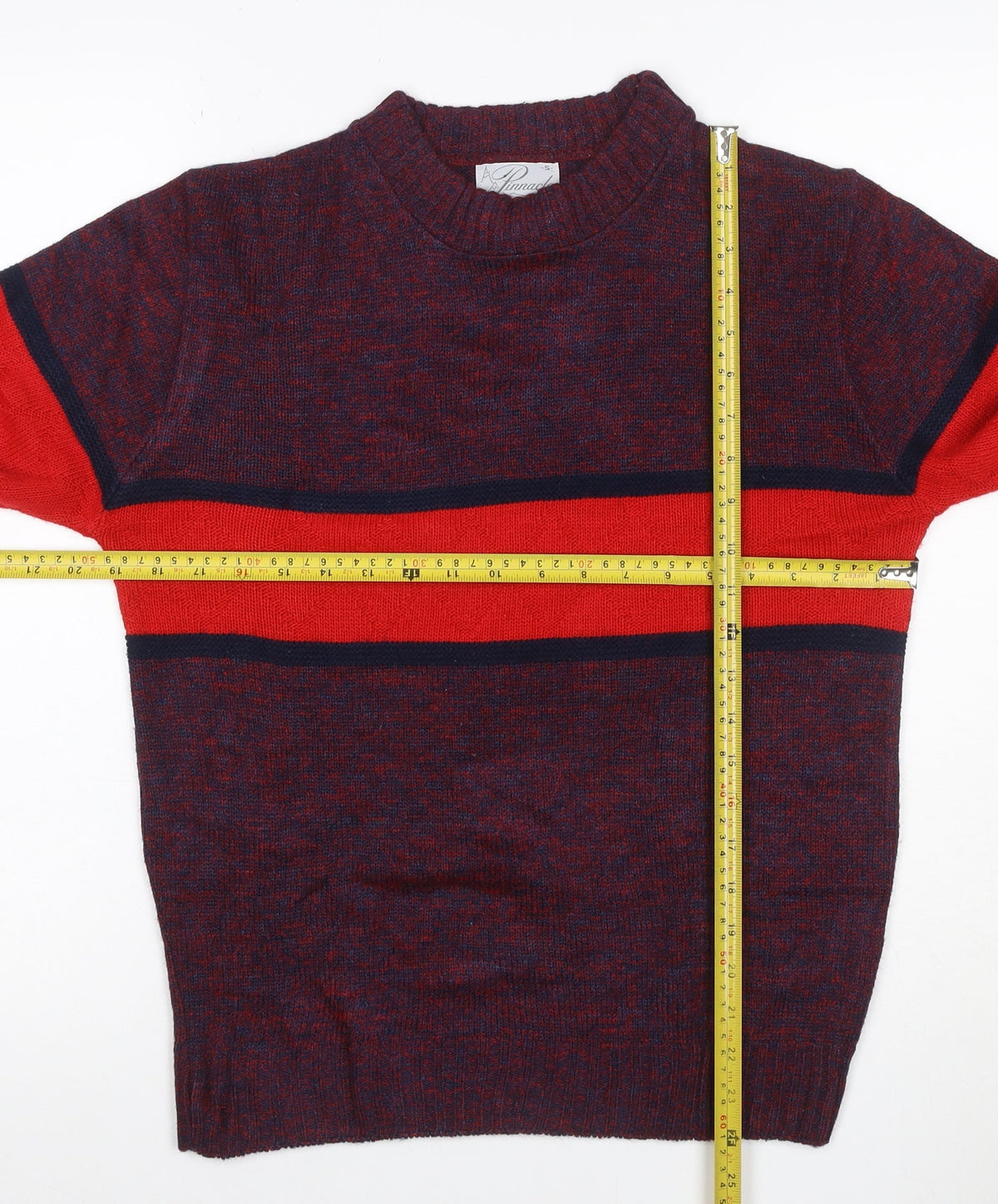 Brand and care label for Pinnacle Men's Multicoloured S Striped Crew Neck Vintage jumper