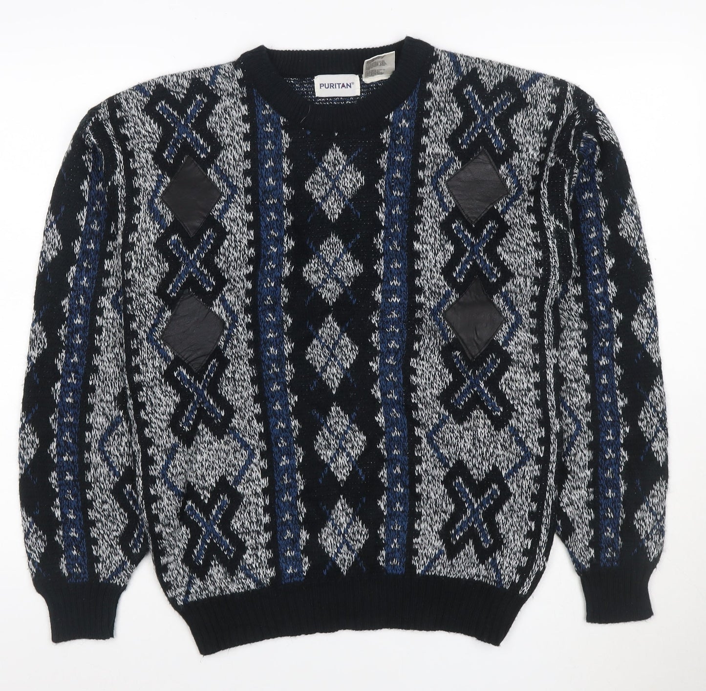 Puritan Men's M Black Blue Geometric Acrylic Vintage Crew Neck Pullover Jumper