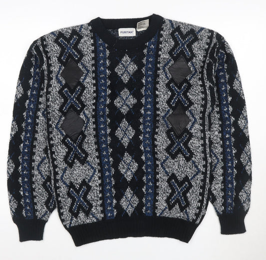 Puritan Men's M Black Blue Geometric Acrylic Vintage Crew Neck Pullover Jumper