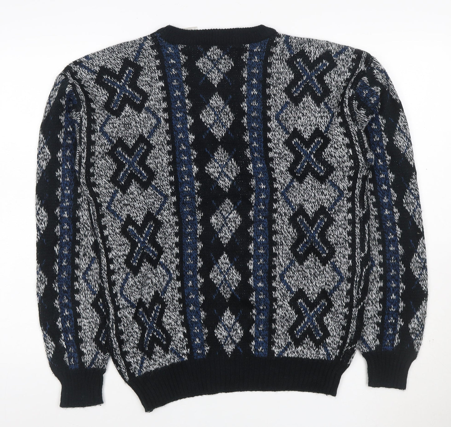 Puritan Men's M Black Blue Geometric Acrylic Vintage Crew Neck Pullover Jumper
