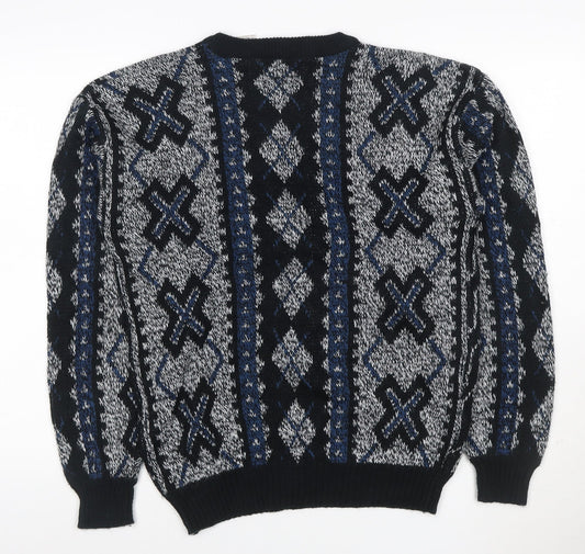 Puritan Men's M Black Blue Geometric Acrylic Vintage Crew Neck Pullover Jumper