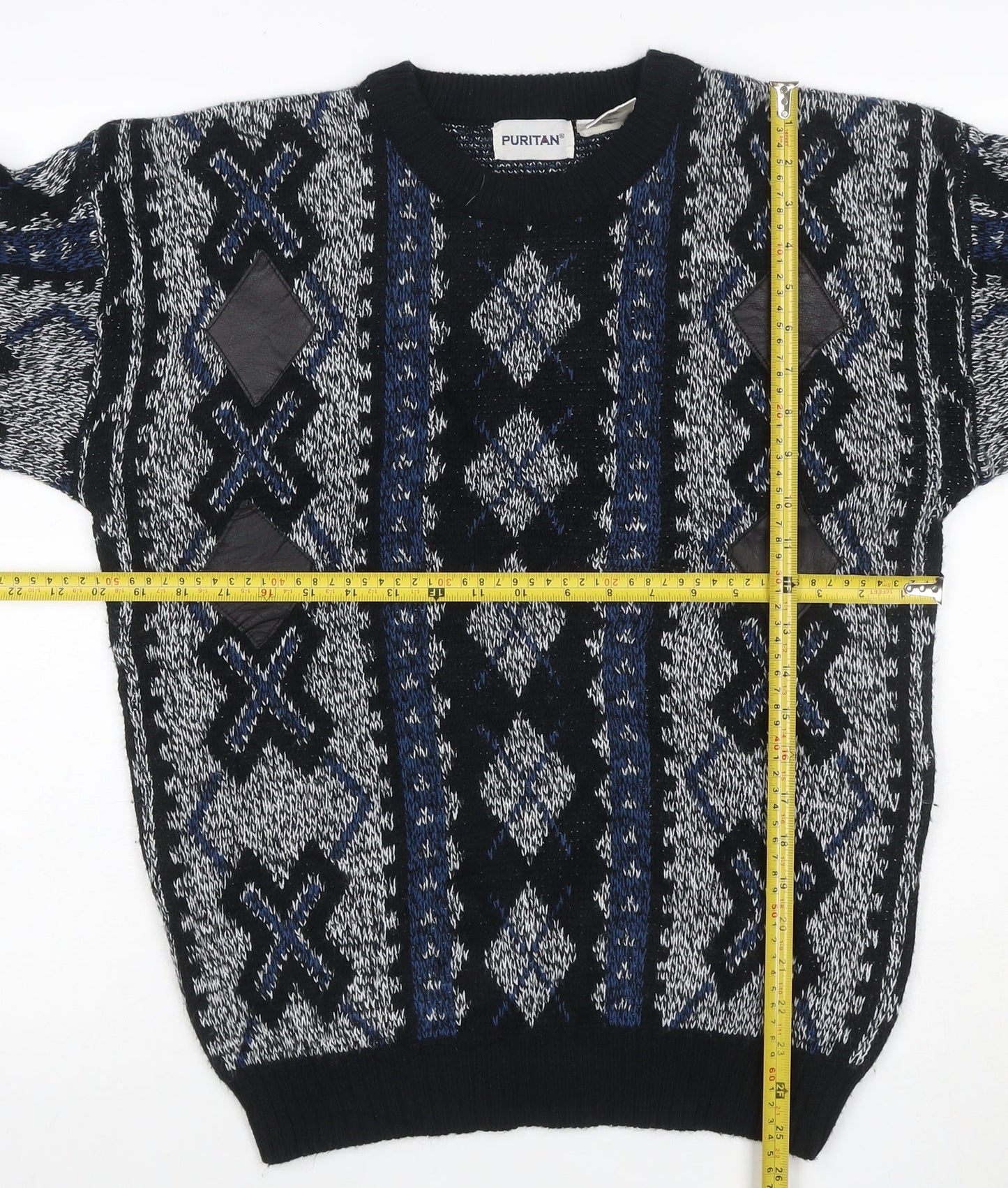 Puritan Men's M Black Blue Geometric Acrylic Vintage Crew Neck Pullover Jumper