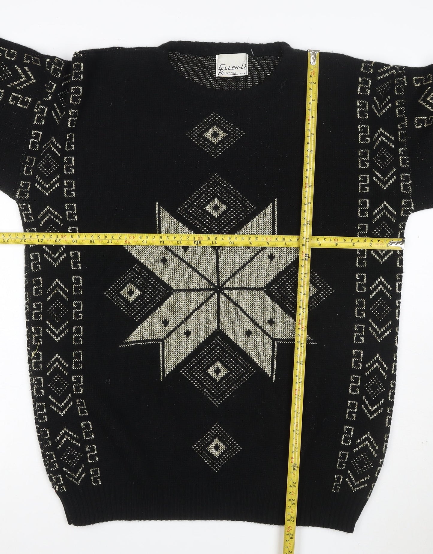 Ellen-D Women Black M Geometric Knit Pullover Jumper Vintage