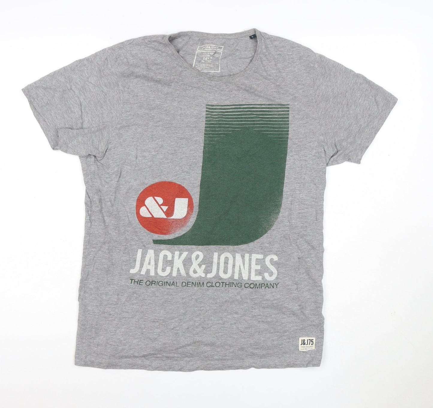 Jack & Jones Men Grey L Graphic Logo Crew Neck Short Sleeve T-Shirt