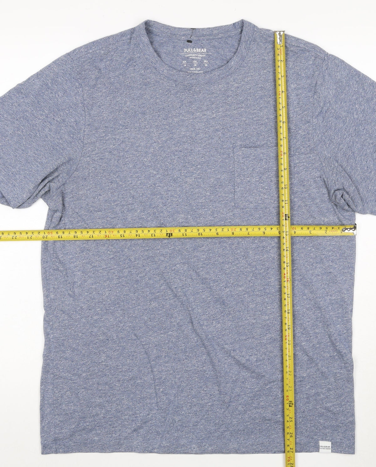 Brand and care label for Pull&Bear Men's Blue Marl Pocket Crew Neck Short Sleeve T-Shirt M