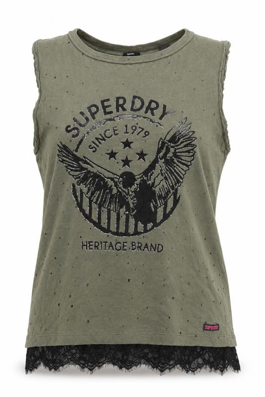 Superdry Women Green S Lace Hem Eagle Graphic Tank Top