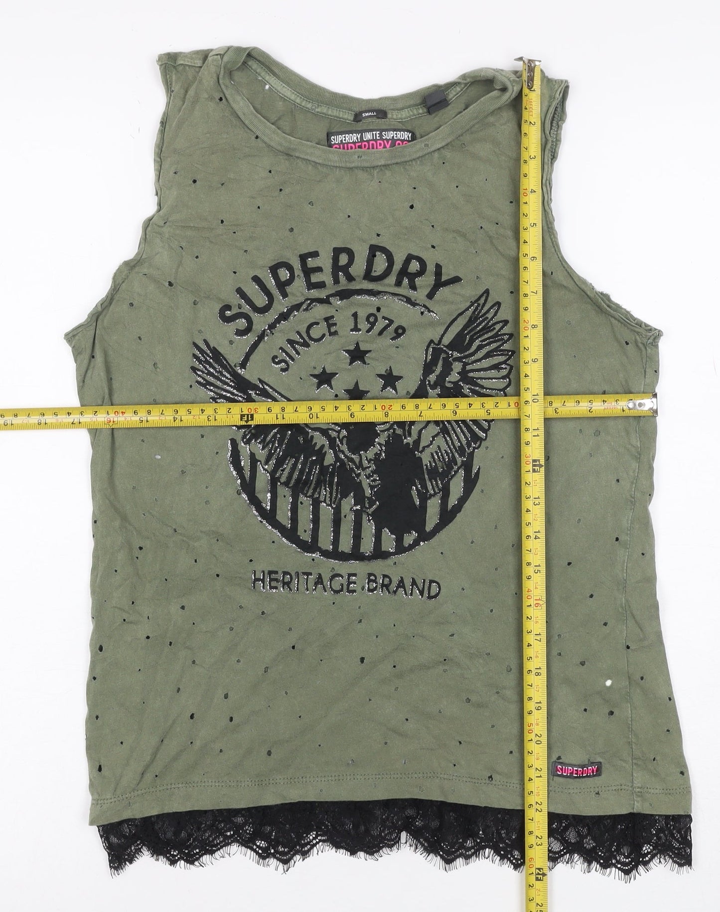 Superdry Women Green S Lace Hem Eagle Graphic Tank Top