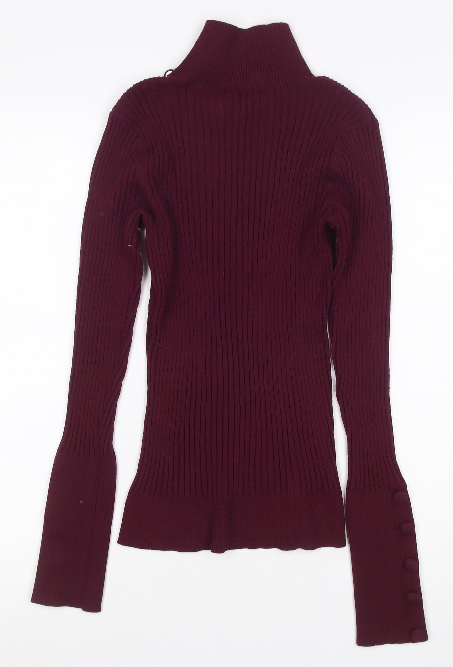 INC Women Red L Ribbed High Neck Button Sleeve Pullover Jumper