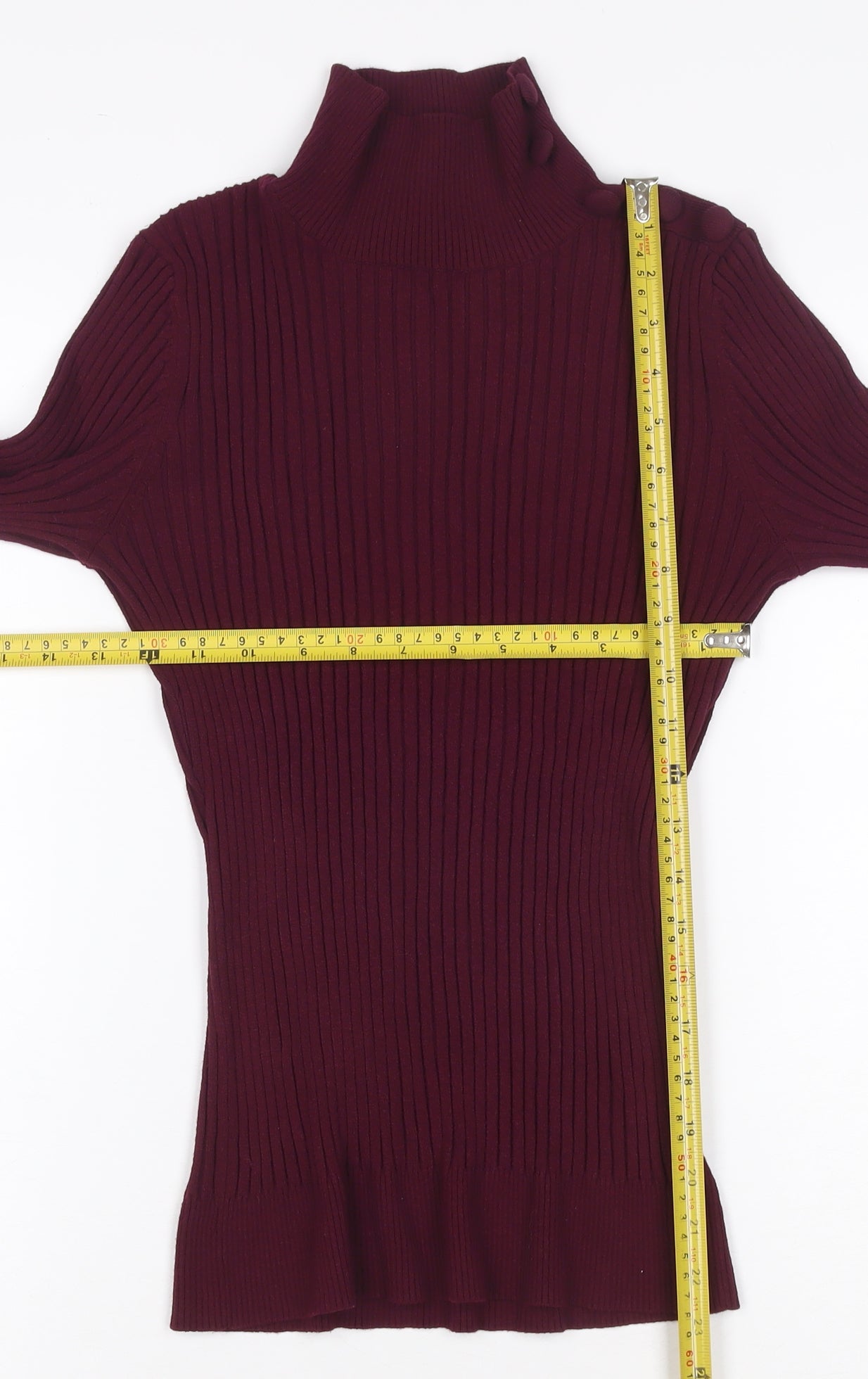 INC Women Red L Ribbed High Neck Button Sleeve Pullover Jumper