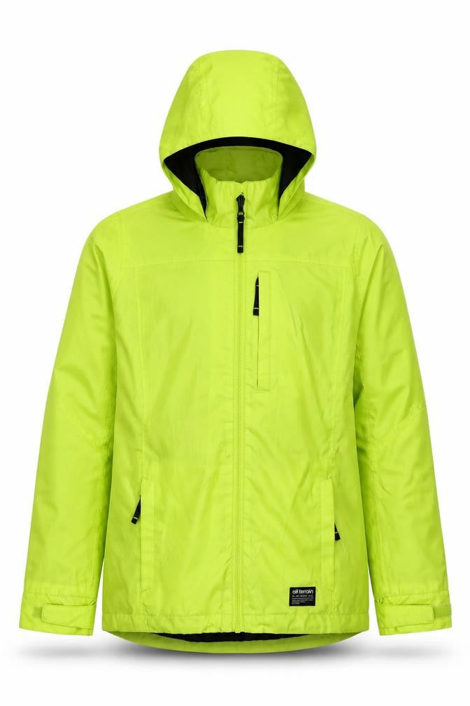 Front view of All Terrain boys’ green 13 years hooded ski jacket full zip