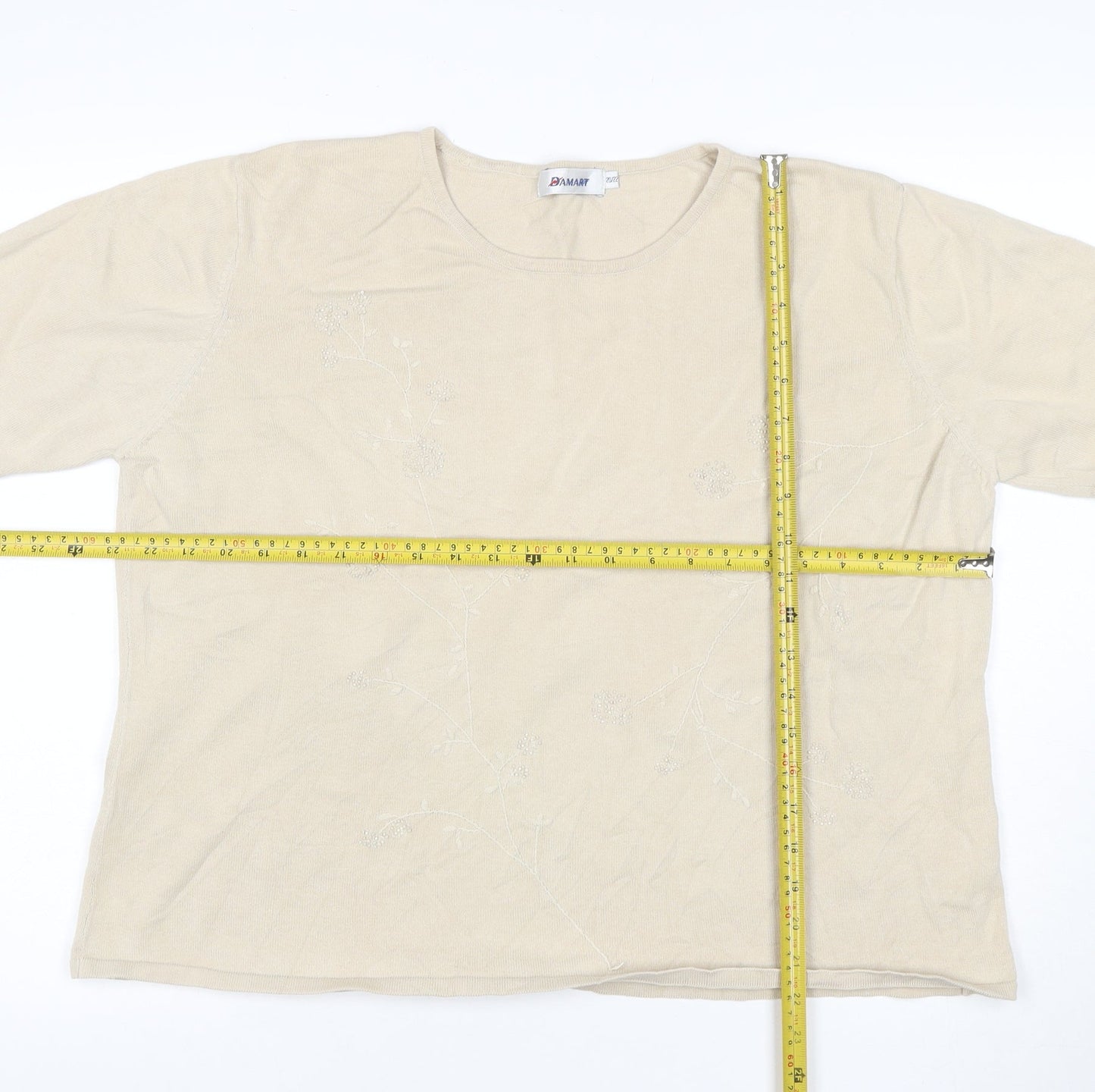 Damart Women’s Ivory Size 20 Floral Beaded Knit Short Sleeve Top