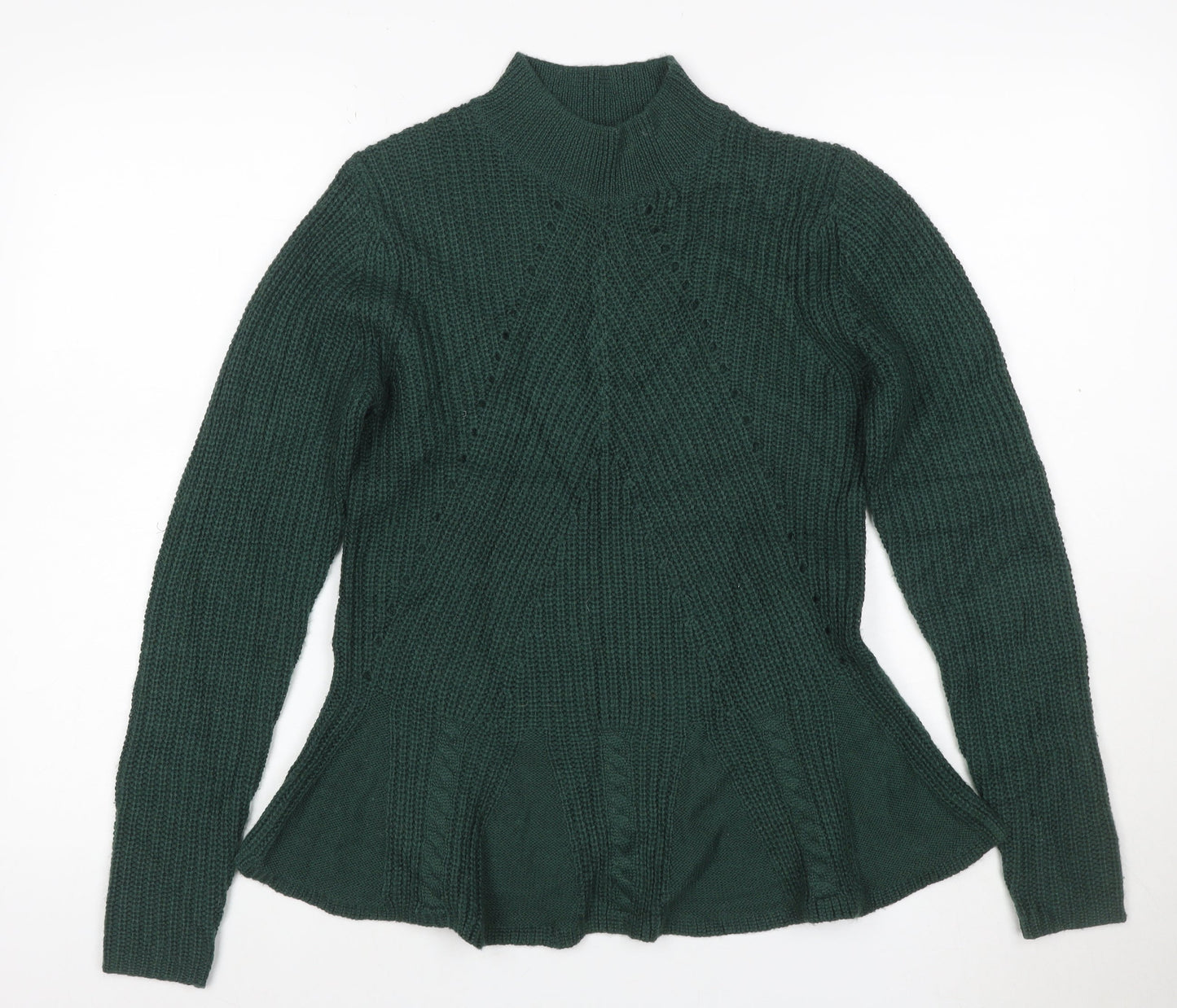 Therapy London Women Green S Cable-Knit Mock Neck Fitted Jumper