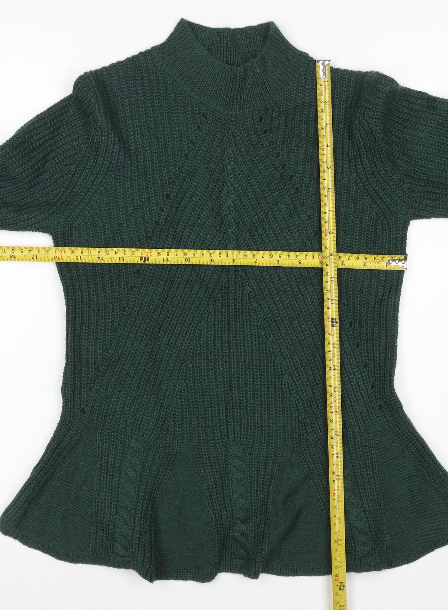 Therapy London Women Green S Cable-Knit Mock Neck Fitted Jumper