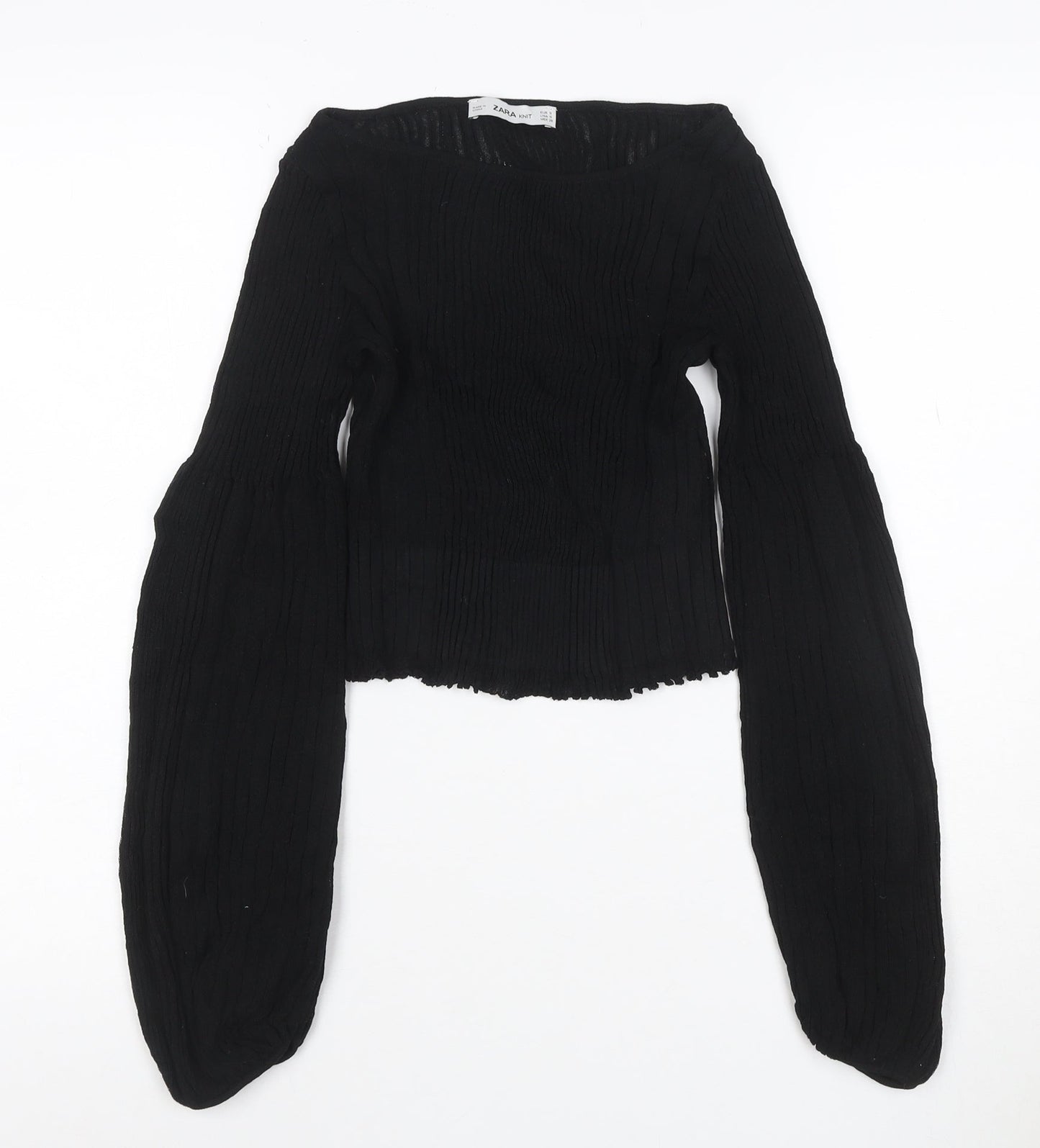 Zara Women Black S Rib Knit Balloon Sleeve Pullover Jumper