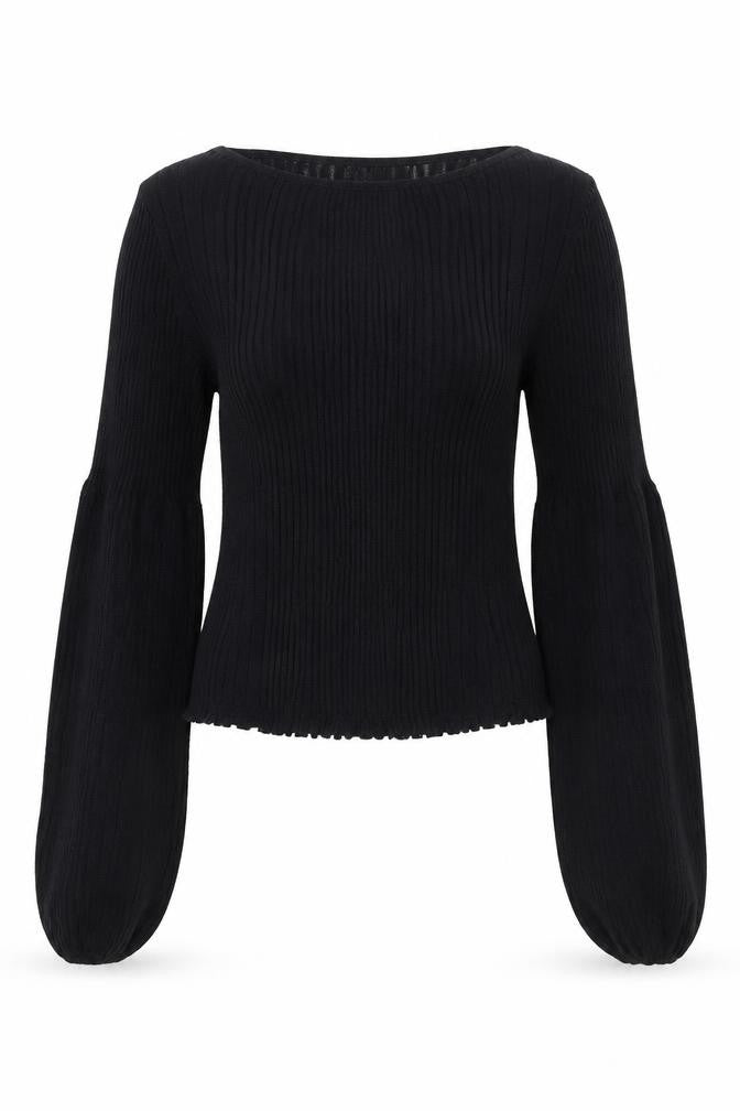 Zara Women Black S Rib Knit Balloon Sleeve Pullover Jumper