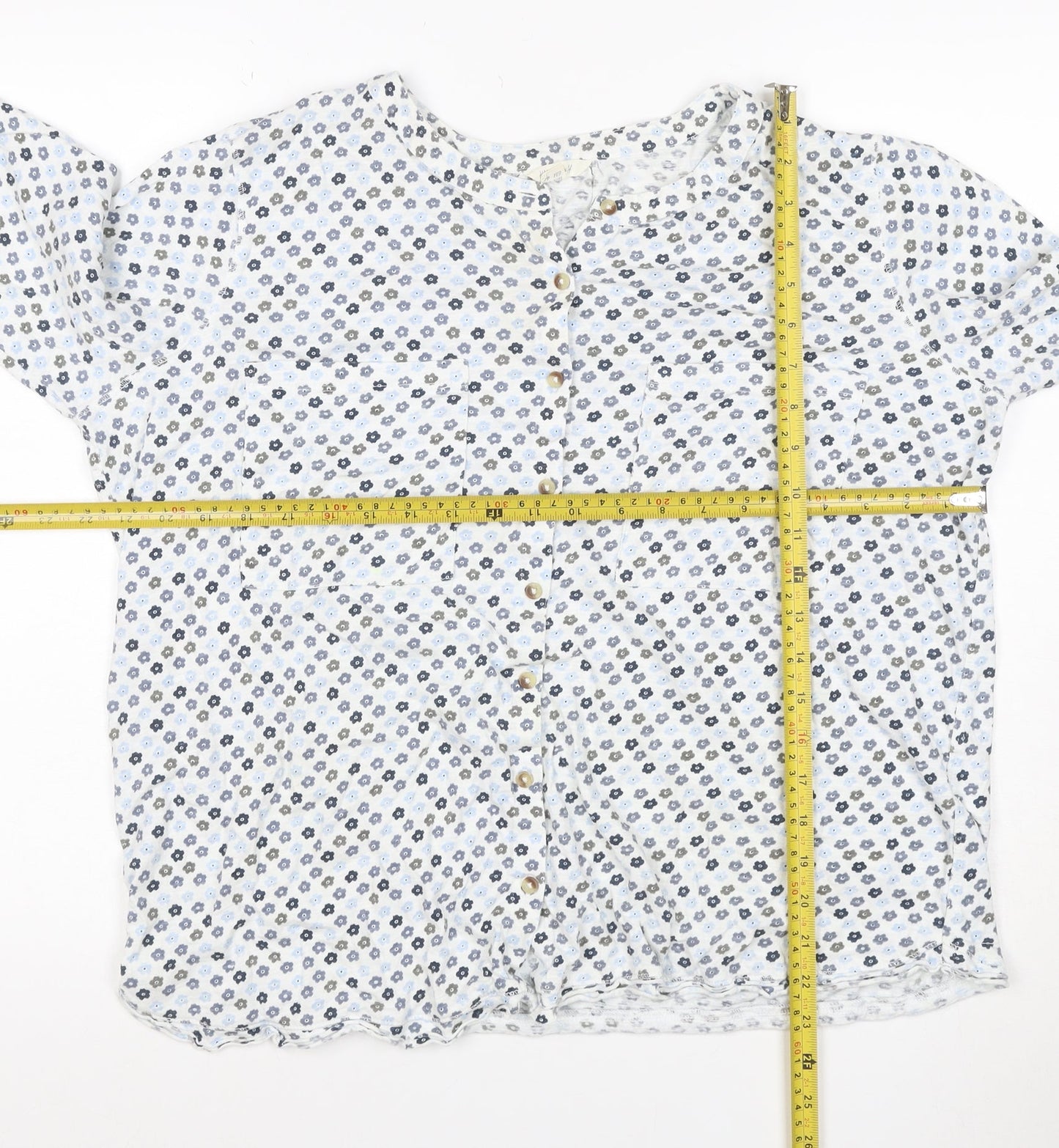 White Stuff Women White Floral Button-Up Blouse UK 16 3/4 Roll Tab Sleeves