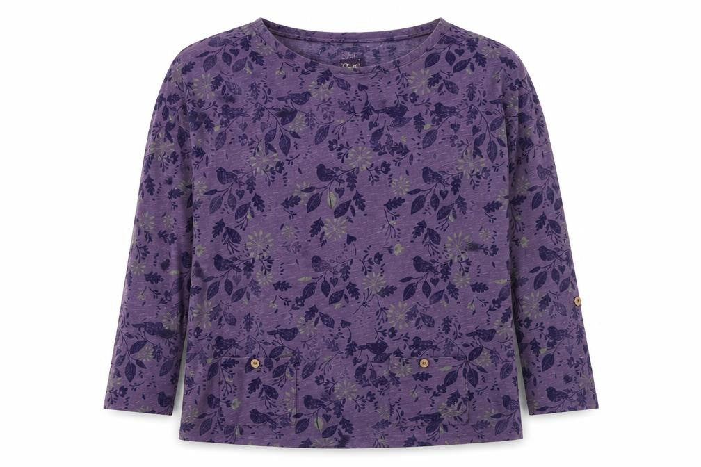 Front view of Mantaray Women Purple 12 Floral Bird Cotton Button-Up Long Sleeve Top