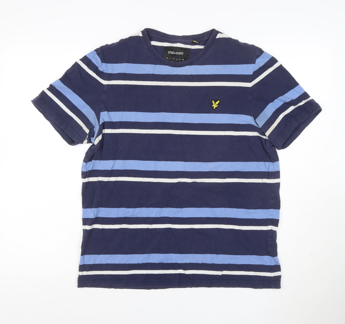 Back view of Lyle & Scott Men's Blue L Striped Crew Neck Logo T-Shirt