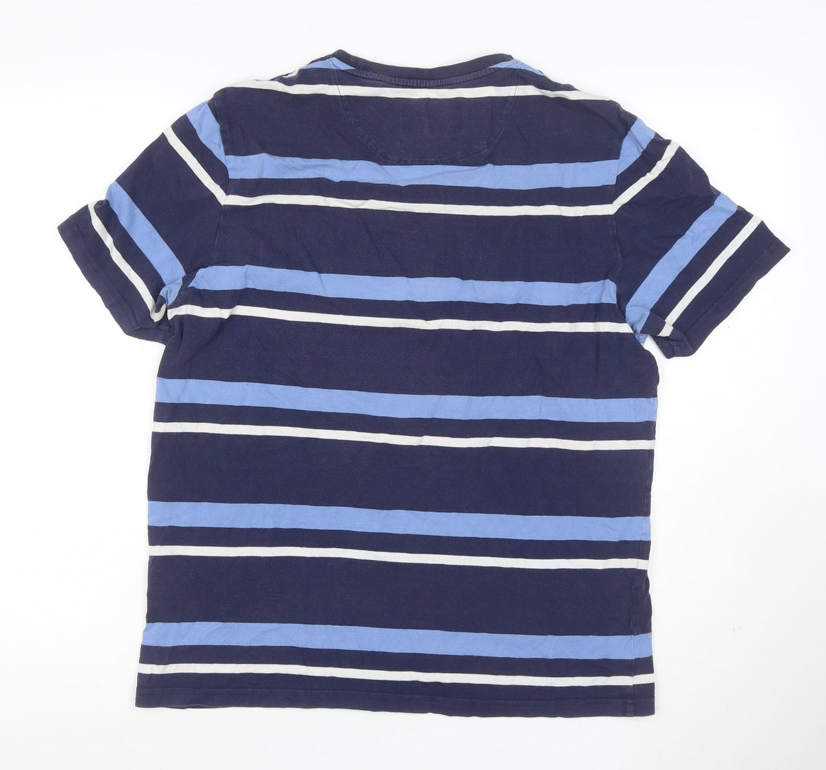 Close-up detail of Lyle & Scott Men's Blue L Striped Crew Neck Logo T-Shirt