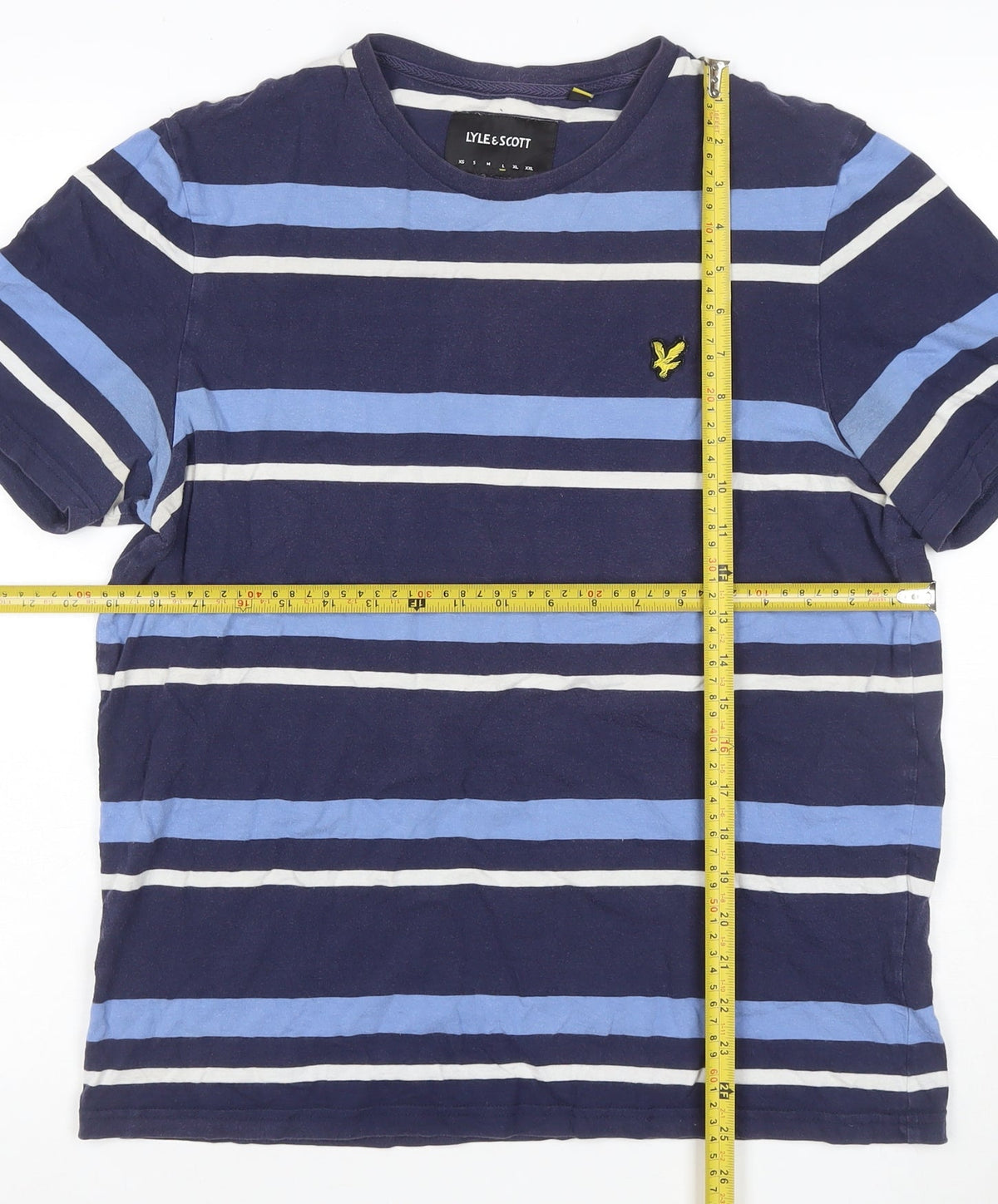 Brand and care label for Lyle & Scott Men's Blue L Striped Crew Neck Logo T-Shirt