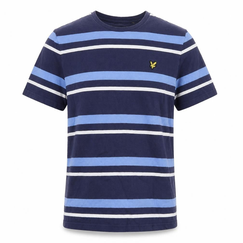 Front view of Lyle & Scott Men's Blue L Striped Crew Neck Logo T-Shirt