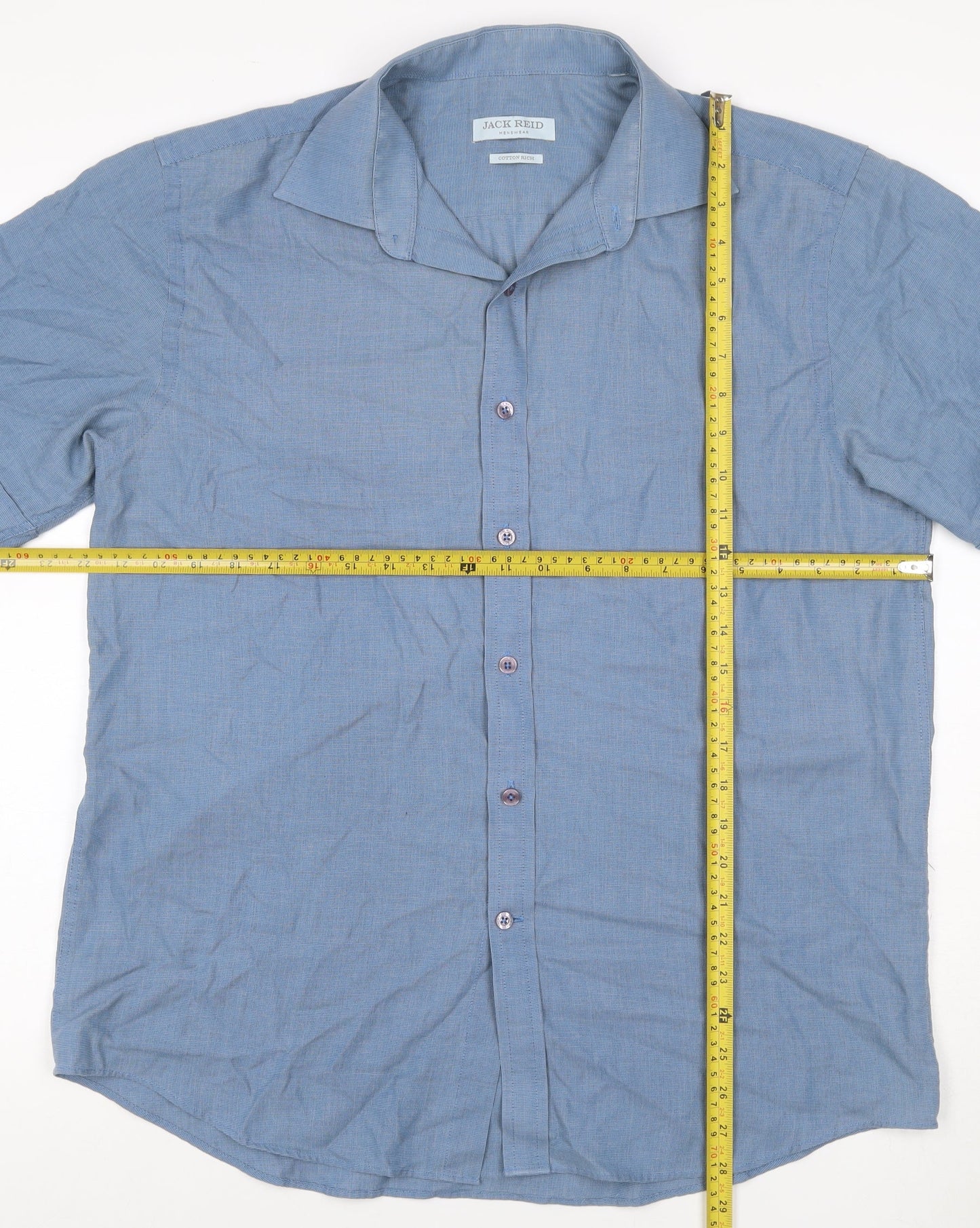 Jack Reid Mens Blue 15.5 Cotton Rich Short Sleeve Button-Up Casual Shirt