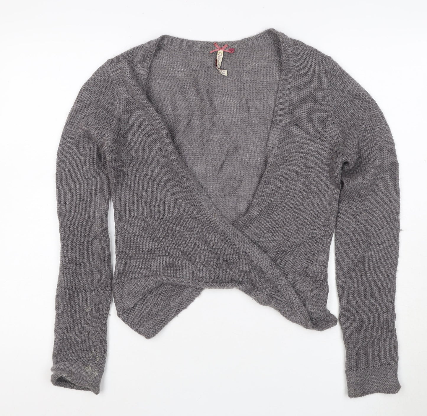 White Olive Women Grey S Angora Wool Alpaca Open Wrap Cardigan Knit