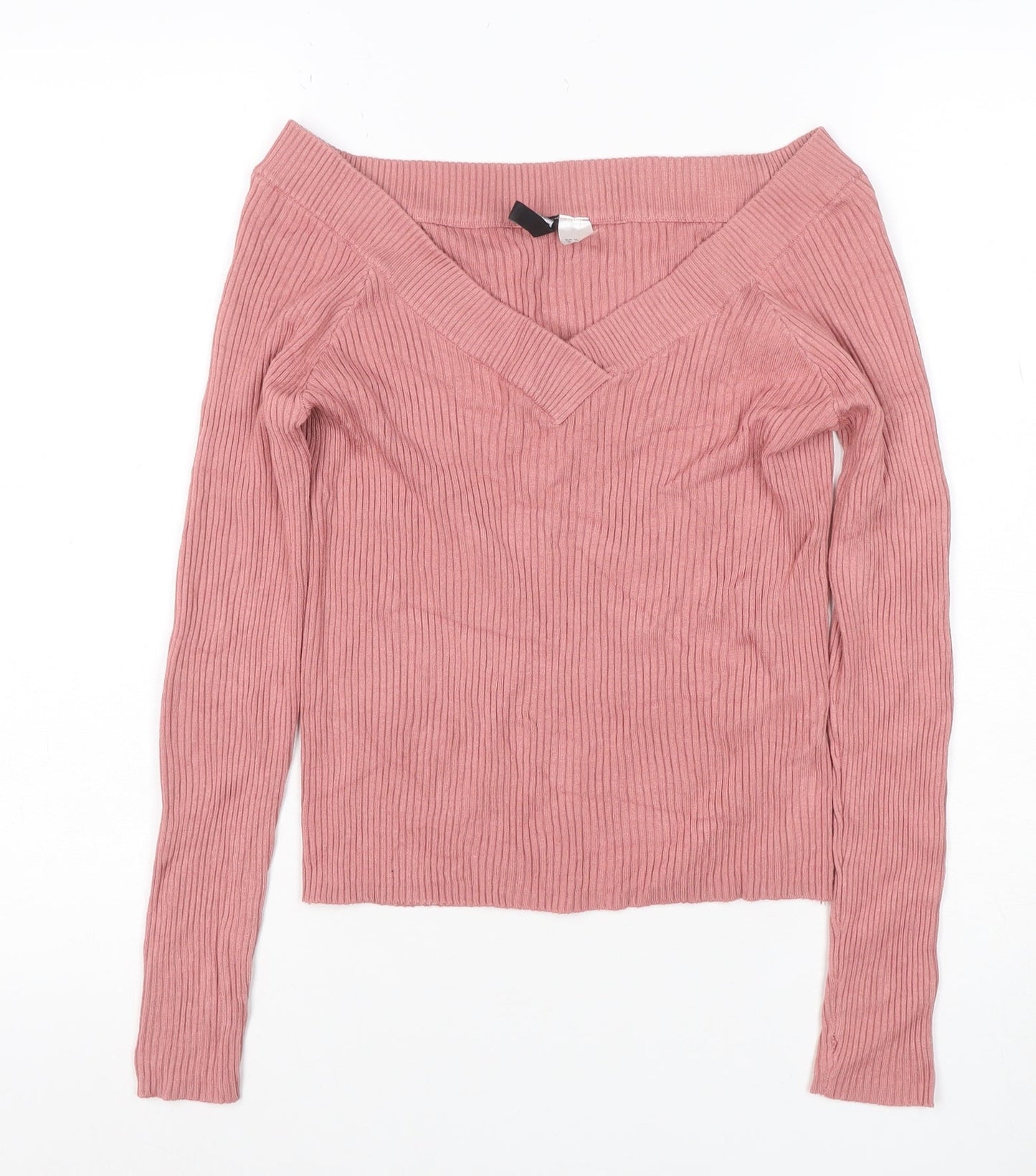 H&M Women's Pink UK 12 Rib Knit V-Neck Slim Pullover Jumper