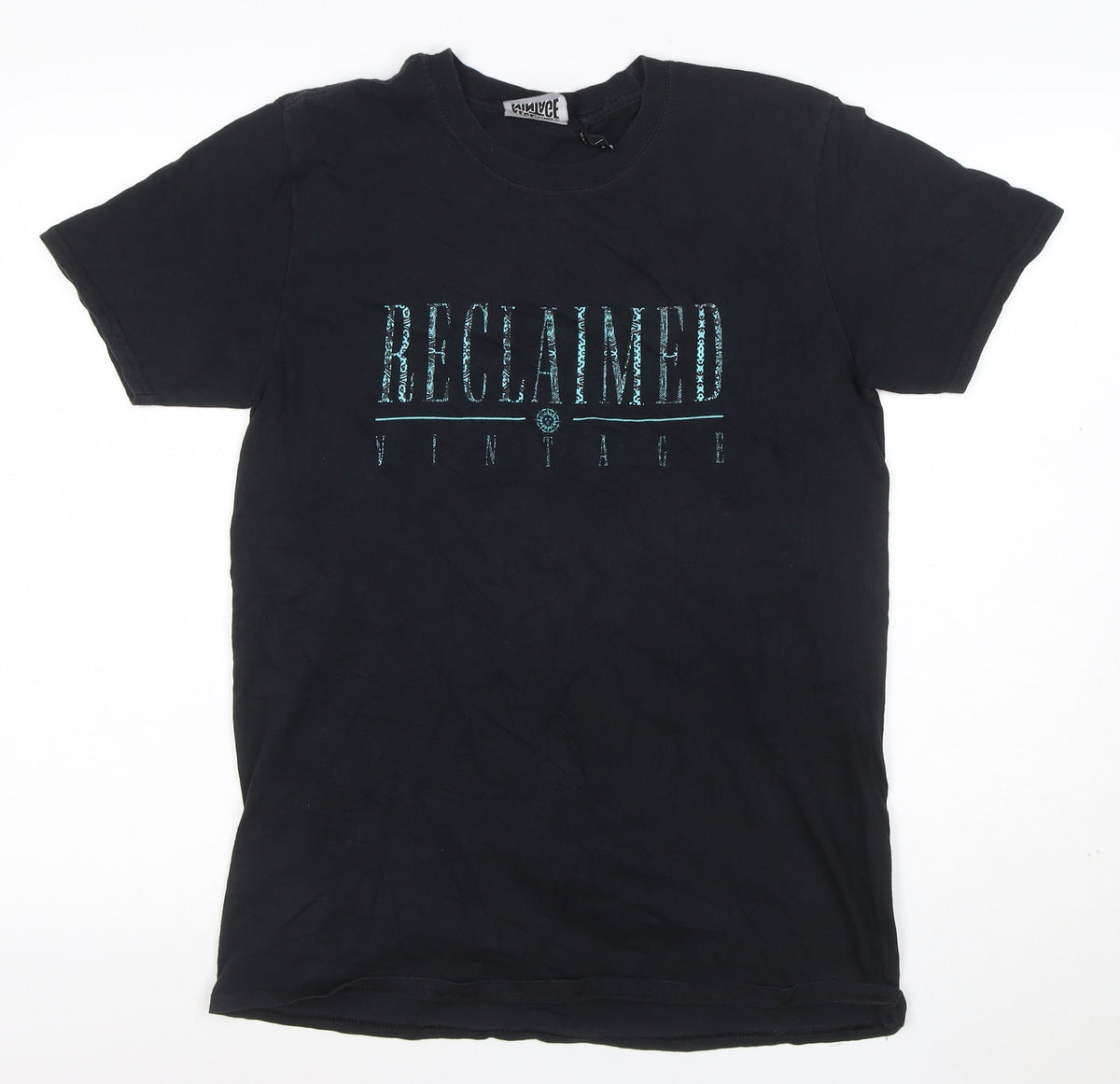 Back view of Reclaimed Vintage Men’s Black Logo Graphic Crew Neck T-Shirt, size S