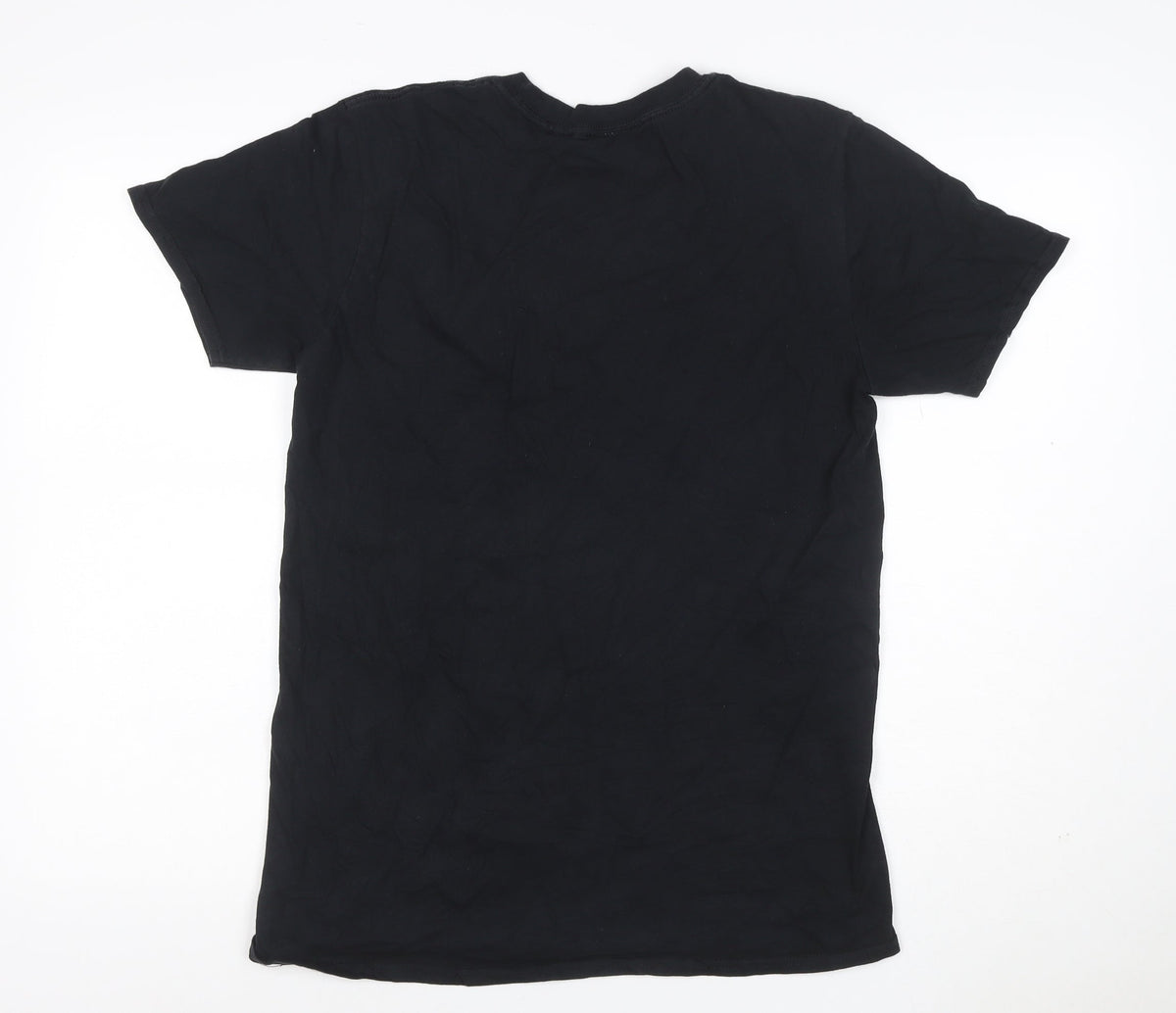Close-up detail of Reclaimed Vintage Men’s Black Logo Graphic Crew Neck T-Shirt, size S