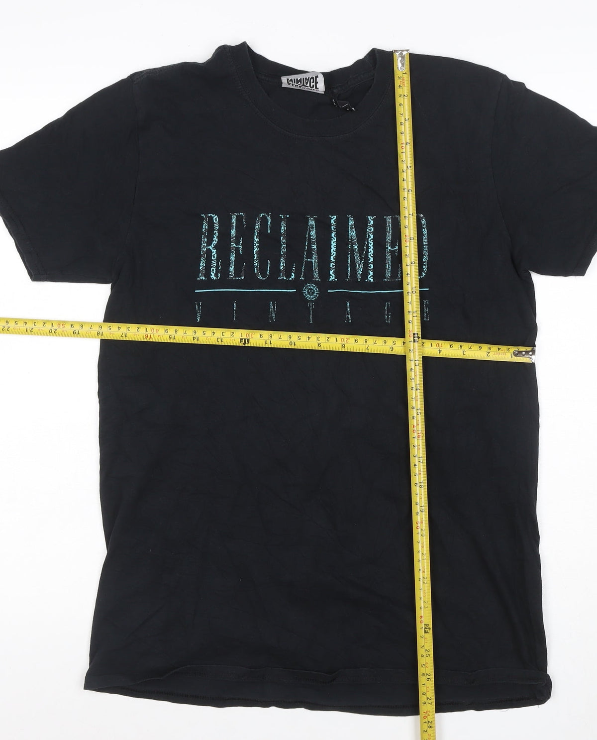 Brand and care label for Reclaimed Vintage Men’s Black Logo Graphic Crew Neck T-Shirt, size S