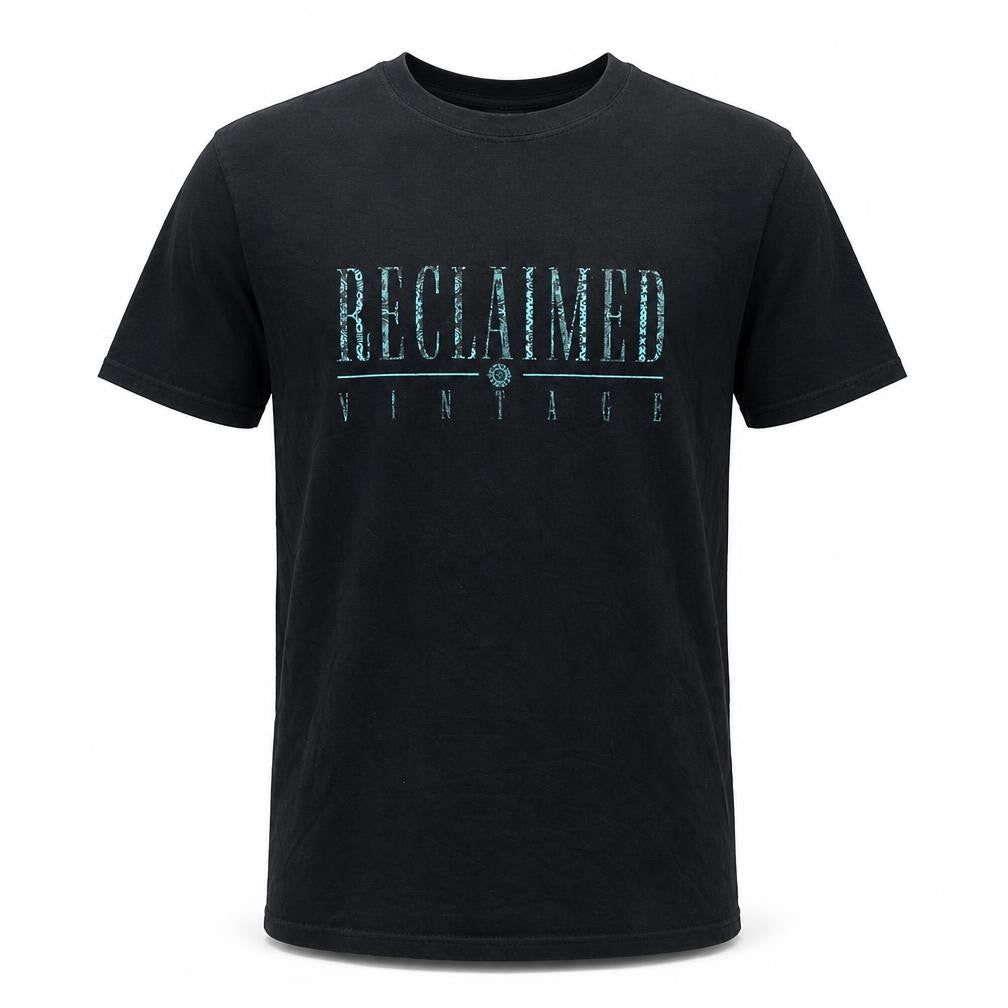 Front view of Reclaimed Vintage Men’s Black Logo Graphic Crew Neck T-Shirt, size S