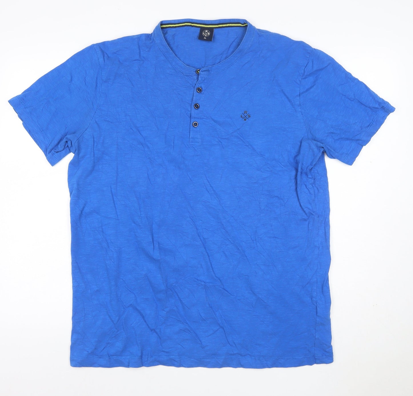 LRS Men’s Blue XL Cotton Henley T-Shirt Short Sleeve Logo