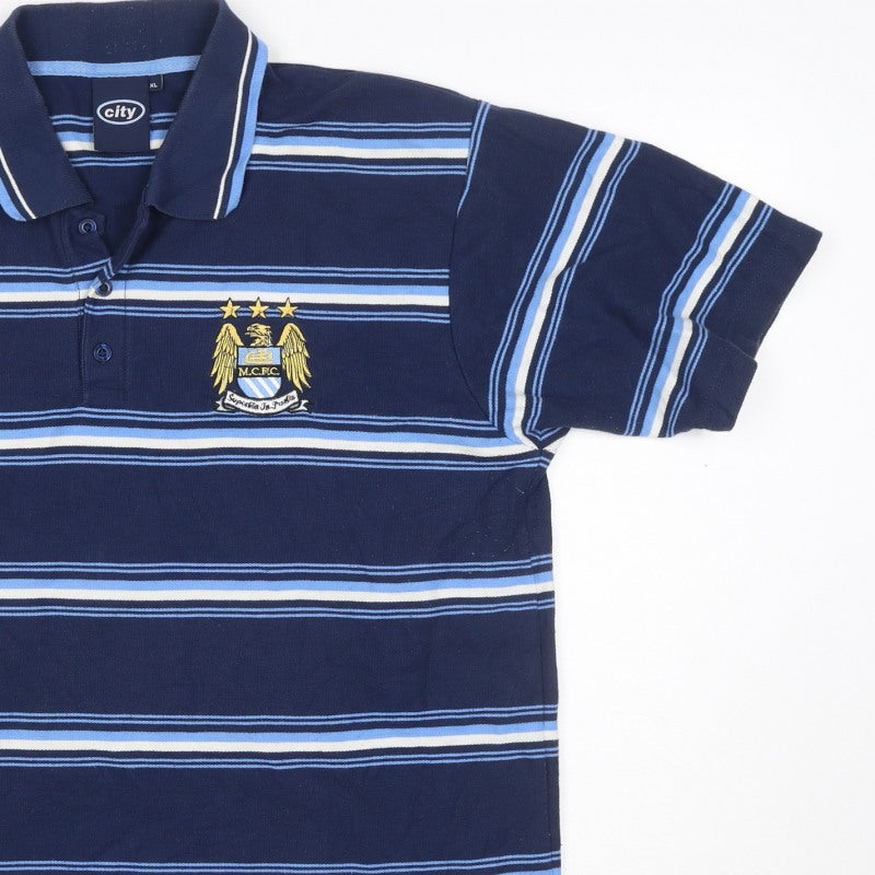 Additional view of City Men’s Blue XL Manchester City Crest Striped Short Sleeve Polo