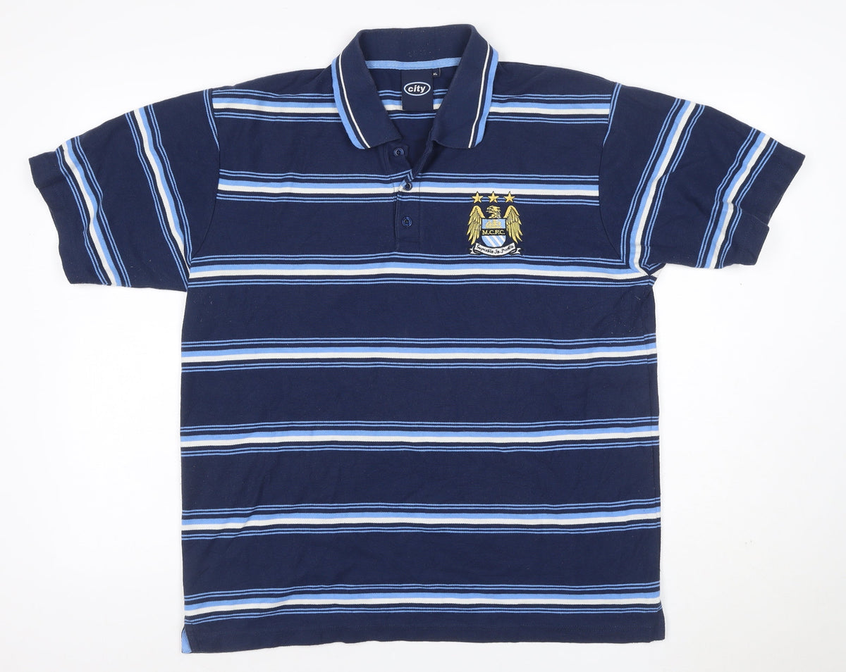 Back view of City Men’s Blue XL Manchester City Crest Striped Short Sleeve Polo