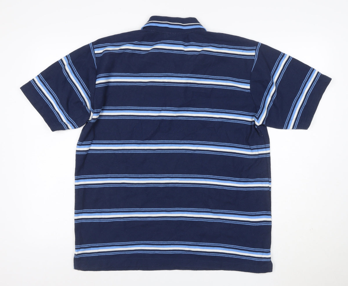 Close-up detail of City Men’s Blue XL Manchester City Crest Striped Short Sleeve Polo