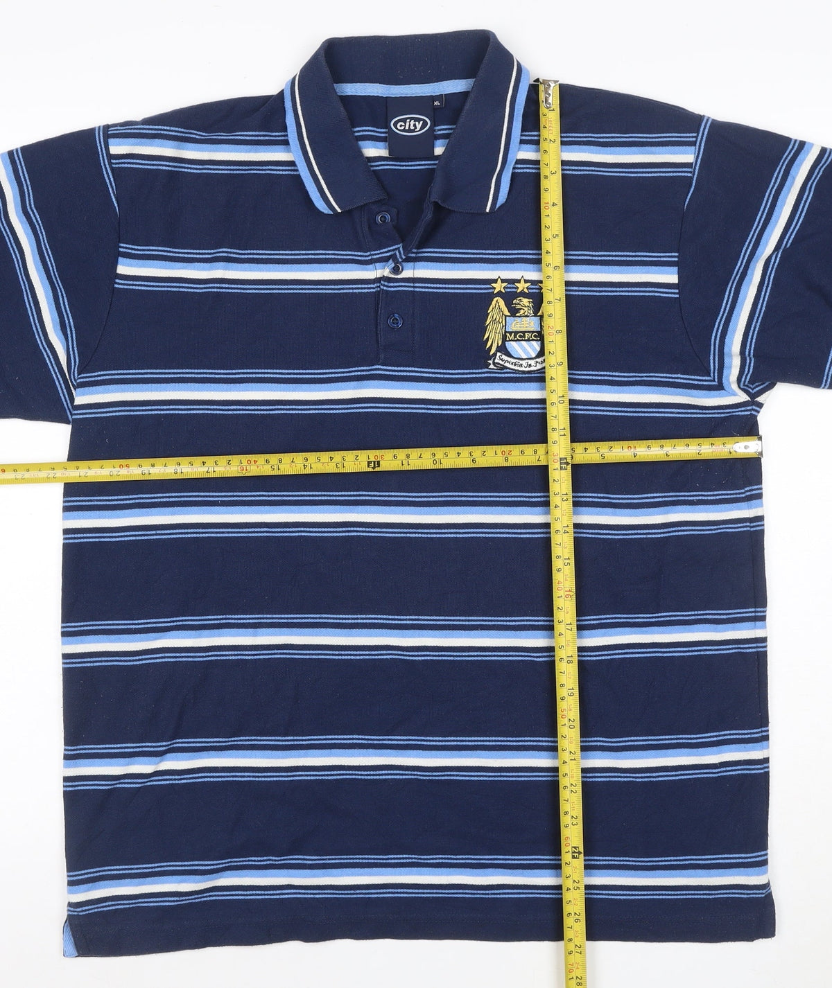 Brand and care label for City Men’s Blue XL Manchester City Crest Striped Short Sleeve Polo