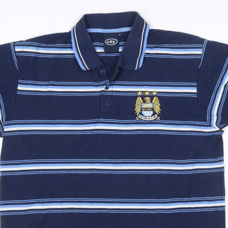 Additional view of City Men’s Blue XL Manchester City Crest Striped Short Sleeve Polo