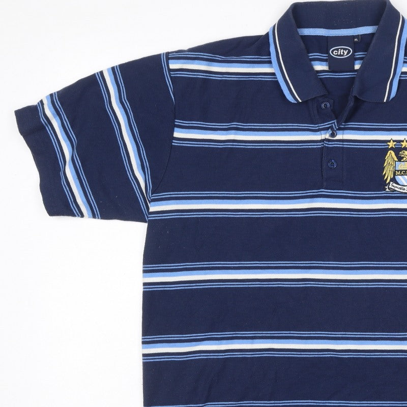 Additional view of City Men’s Blue XL Manchester City Crest Striped Short Sleeve Polo