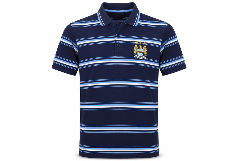 Front view of City Men’s Blue XL Manchester City Crest Striped Short Sleeve Polo