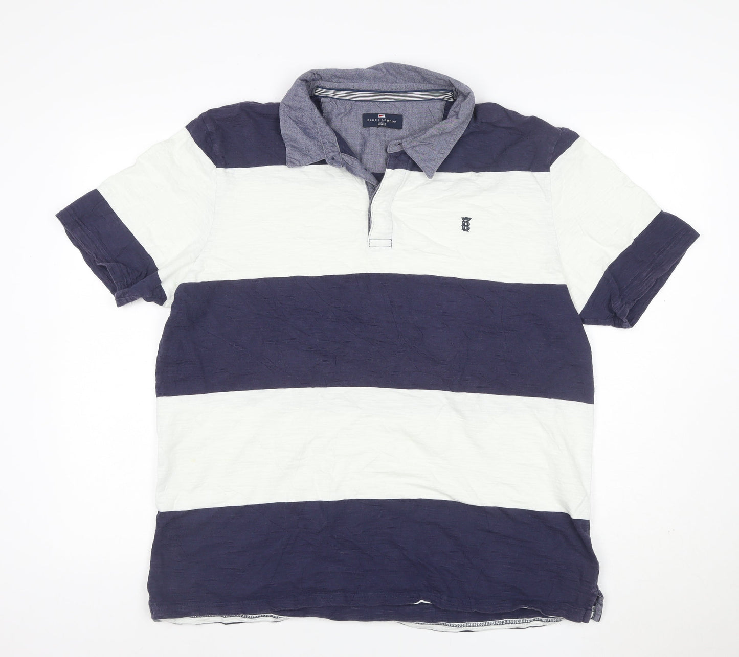 M&S Blue Harbour Men’s Blue White Striped Cotton Polo Shirt L