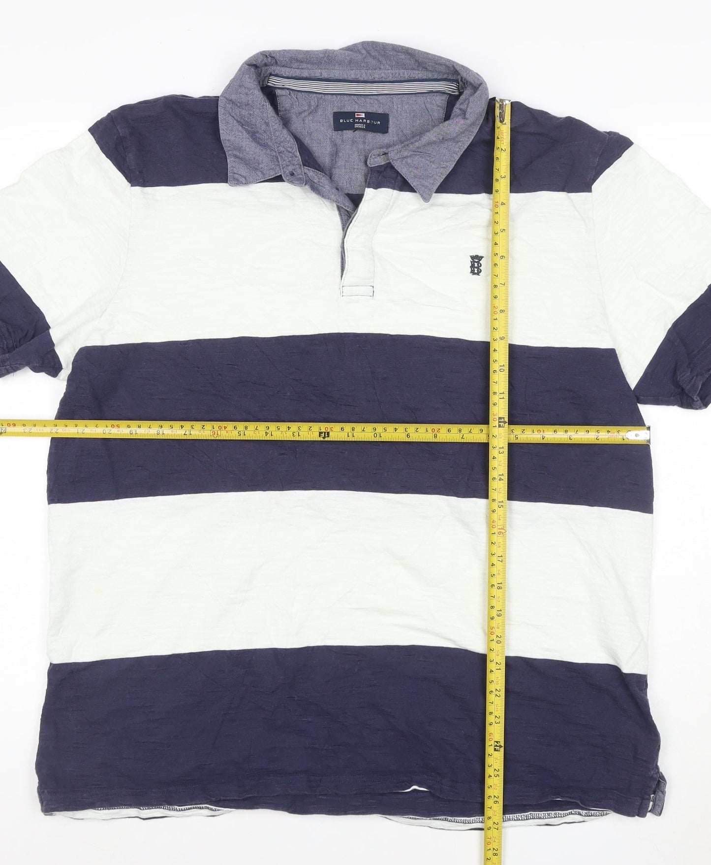 M&S Blue Harbour Men’s Blue White Striped Cotton Polo Shirt L