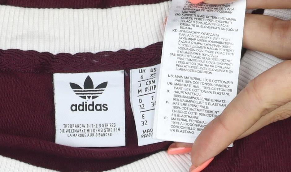 Brand and care label for Adidas Women Red UK 6 Ringer Short Sleeve Logo T-Shirt