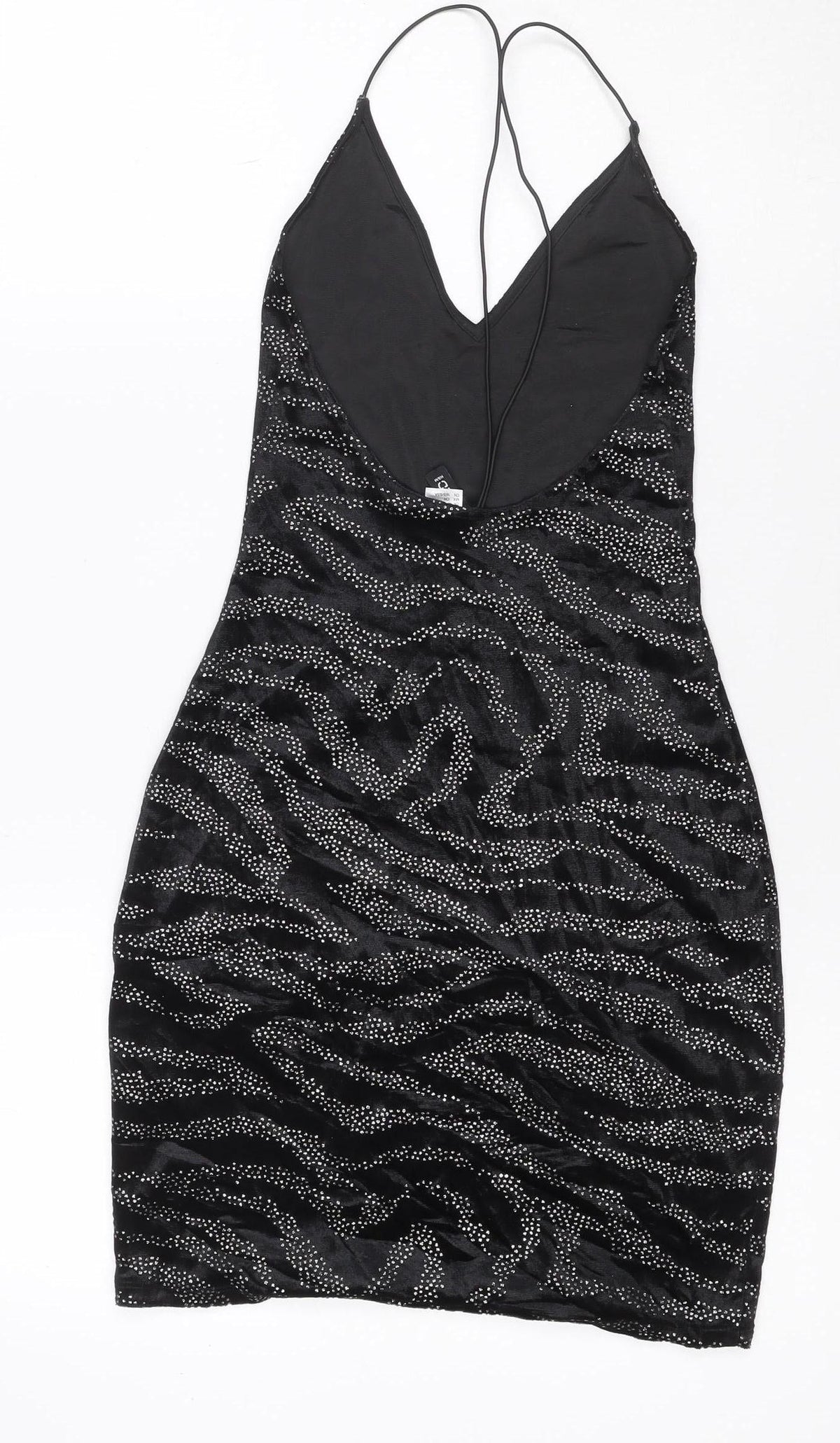 H&M Women Black S Velvet Rhinestone Zebra Halter Bodycon Mini Dress