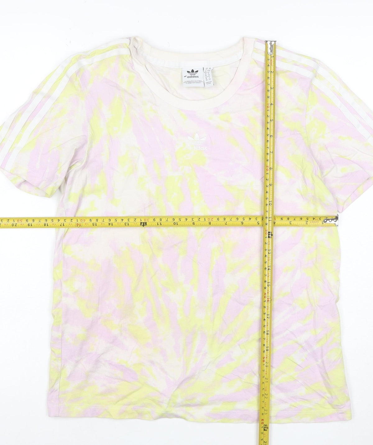 Close-up detail of adidas Women’s Multicoloured UK 12 Tie Dye 3 Stripe Cotton T-Shirt