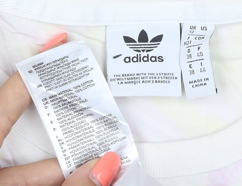 Brand and care label for adidas Women’s Multicoloured UK 12 Tie Dye 3 Stripe Cotton T-Shirt
